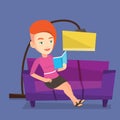 Woman reading book on sofa vector illustration.