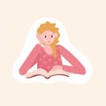 Woman is reading book. Sticker of girl studying. Female reader with novel. Student hold book. Distance learning and self Royalty Free Stock Photo