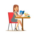 Woman Reading A Book At The Table, Smiling Person In The Library Vector Illustration