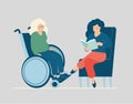 Woman reading a book to an elderly person with a disability uses a wheelchair. Alzheimer disease, mental health concept.