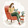 Woman reading in comfy chair, sketch llustration Created with generative AI technology. Royalty Free Stock Photo