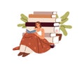 Woman reading fiction book. Happy girl reader, bookworm under cozy blanket, literature stack. Tiny person relaxing with