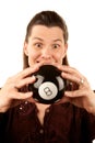 Woman reading the future from a toy eightball Royalty Free Stock Photo