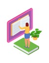 Woman reading giant book, standing on another book, plant beside her, learning concept. Knowledge acquisition, e Royalty Free Stock Photo