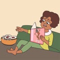 Woman reading glossy magazine while eating cookies cartoon