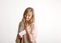 Woman reading a heartfelt message note or card Royalty Free Stock Photo