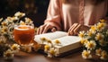 A woman reading, holding a flower, enjoying nature beauty generated by AI