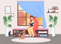 Woman reading at home flat color vector illustration Royalty Free Stock Photo