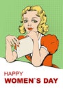 Woman reading letter. Retro greeting card on March 8. International womens day Royalty Free Stock Photo