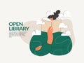 Woman reading open book in library landing page template or web banner. Book festival, education and dreaming, culture Royalty Free Stock Photo