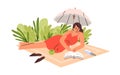 Woman reading paper book in nature. Young girl relaxing outdoors, lying on blanket under umbrella, enjoying fiction