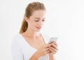Woman is reading pleasant text message on mobile phone from her boyfriend during her rest time, modern businesswoman Royalty Free Stock Photo