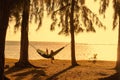 Woman reading tablet in hammock Royalty Free Stock Photo