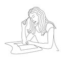 Woman reading and thinking one line drawing