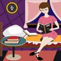Woman reads a book in a bedroom. Girl with glasses holds book sitting on a bed in pink purple colors interior
