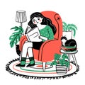 Woman reads in chair. Happy relaxed girl reading book in cozy armchair at home. Books lover with plants and cat. Hand