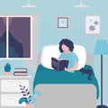 Woman reads interesting book at night. Girl enjoys hobby in free time in evening. Female character sitting in comfortable bed with