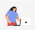 Woman reads or watch negative, shocking and fake news on the Internet in laptop. Flat style vector illustrataion