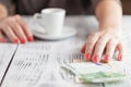 Woman ready to pay empty finished cappuccino coffee cup Royalty Free Stock Photo