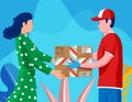 Woman receive cardboard box from man.