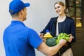Woman receive online grocery order box from delivery man at home Royalty Free Stock Photo
