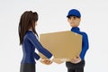 Woman received parcel box from delivery man, shipment service and mail delivery courier concept, 3D rendering Royalty Free Stock Photo