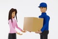 Woman received parcel box from delivery man, shipment service and mail delivery courier concept, 3D rendering Royalty Free Stock Photo