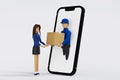 Woman received parcel box from delivery man from smartphone screen, fast delivery order in mobile application concept, 3D