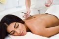 Woman receiving back massage treatment with oil brush in spa wellness center Royalty Free Stock Photo