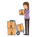 woman receiving merchandise with boxes and cart