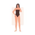 Woman with rectangle body shape. Female in swimwear with angled straight proportions, rectangular figure type. Slim