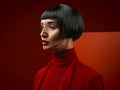 Woman, red aesthetic and studio profile with makeup art, thinking and ideas with couture, vision and background. Girl