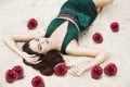 Woman with red apples on the sand Royalty Free Stock Photo