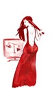 Woman in a red, beautiful dress. Silhouette. Graphic abstraction of a woman in red.