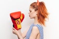 woman red boxing glove workout fashion studio Royalty Free Stock Photo