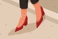 Woman red casual acute toe shoes with low square heel. Female feet with leg bracelet in stylish elegant summer footwear