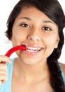Woman with red chili pepper Royalty Free Stock Photo