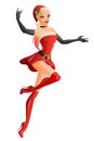 Woman in red Christmas Santa costume presenting and flying