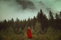 Woman with red cloak in a misty forest Royalty Free Stock Photo