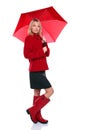 Woman in red coat, boots and umbrella Royalty Free Stock Photo