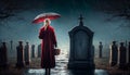 A woman in a red coat in a cemetery, among the graves Royalty Free Stock Photo