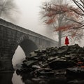 A woman in a red coat stands on a rock bridge in a city with a f