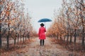 Woman in red coat and with umbrella between trees in apple garden at autumn season. Minimalism, travel, nature concept. Royalty Free Stock Photo