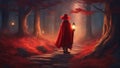 woman in red dress 16 anime A curious cartoon character in a red cloak and hat, discovering the mystical forest