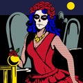 The woman in the red dress in the cemetery with makeup Santa de Muerto