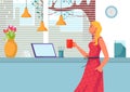 Woman red dress character hold cup of coffee drink, morning tea break female work laptop at office workplace flat vector Royalty Free Stock Photo