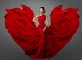 Woman Red Dress, Fashion Model in Long Silk Waving Gown Wings, Flying Fluttering Fabric