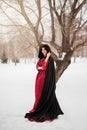 woman in a red dress of the Rococo era and a cloak with a fur hood stands in the snow against the background of a winter forest Royalty Free Stock Photo