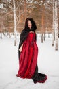 woman in a red dress of the Rococo era and a cloak with a fur hood stands in the snow against the background of a winter forest Royalty Free Stock Photo