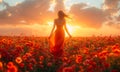 A woman in a red dress stands in a field of red flowers. The sun is setting, casting a warm glow over the scene Royalty Free Stock Photo